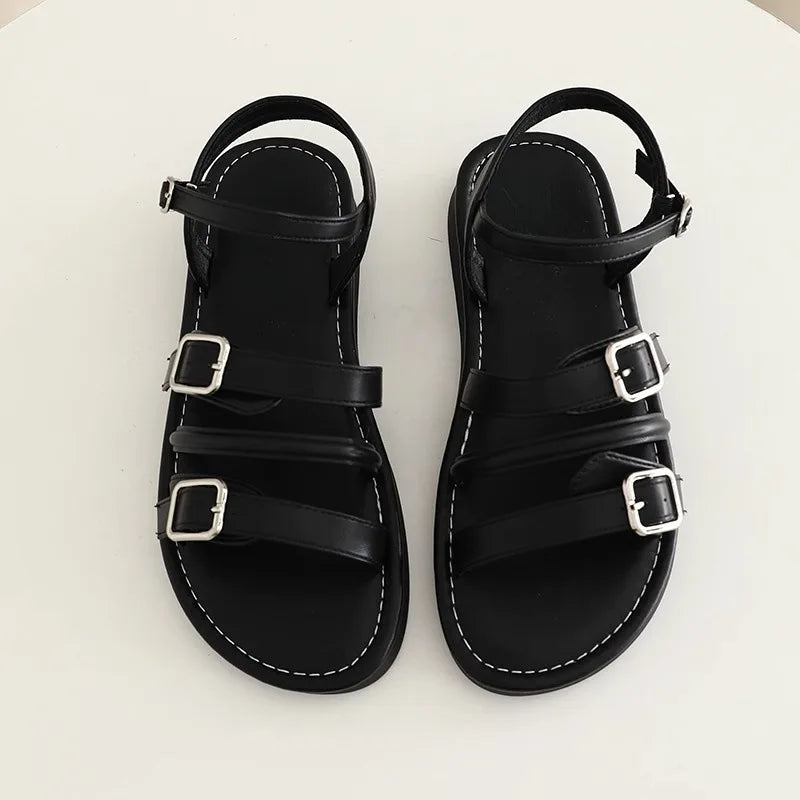 Low Sandals Woman Leather Low-heeled Rome Fabric Slides Rubber Hoof Heels Low Sandals Woman Leather Low-heeled Fabric Rubber Sli
