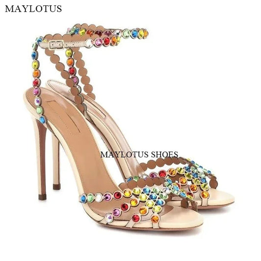Snc Nude Peep Toe Crystal PVC Sandals Ankle Buckle Strap Thin High Heels Sandals Woman Summer Lady Stilettos Shoes on Heels