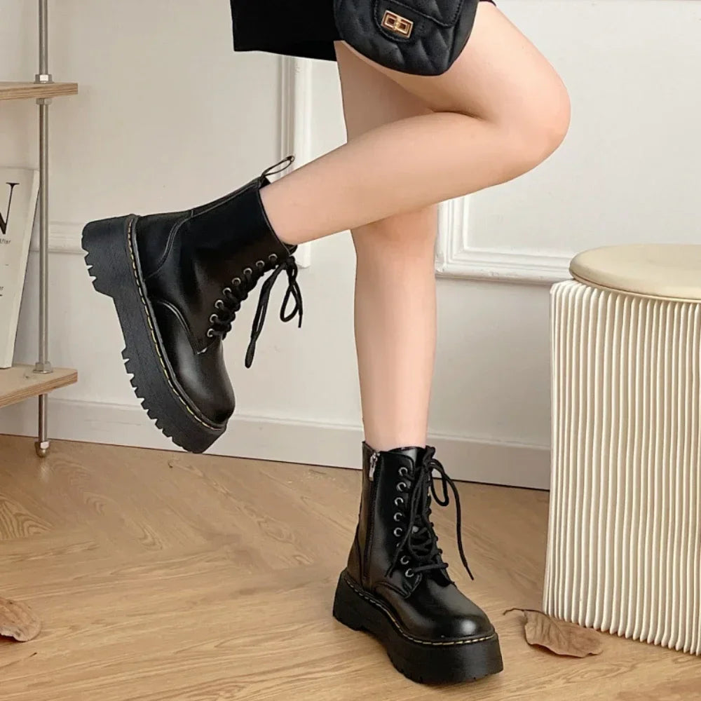 Women Boots Motorcycle Shoes Woman Leather Chelsea Ladie Classic Punk Female Goth Shoes High Platform Boots Women Botas Mujer