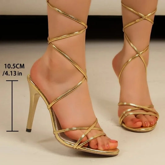 Women's Sexy Gold Open Toe Sandals For Party With Criss-cross Straps , High Heels, Comfortable,Thick Heels