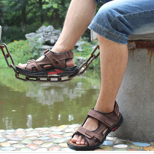COW LEATHER Men's Sandals Outdoor Beach Sports Shoes Genuine Leather GLADIATOR Sandals Light Open Toe Sandals Plus Size 38-48