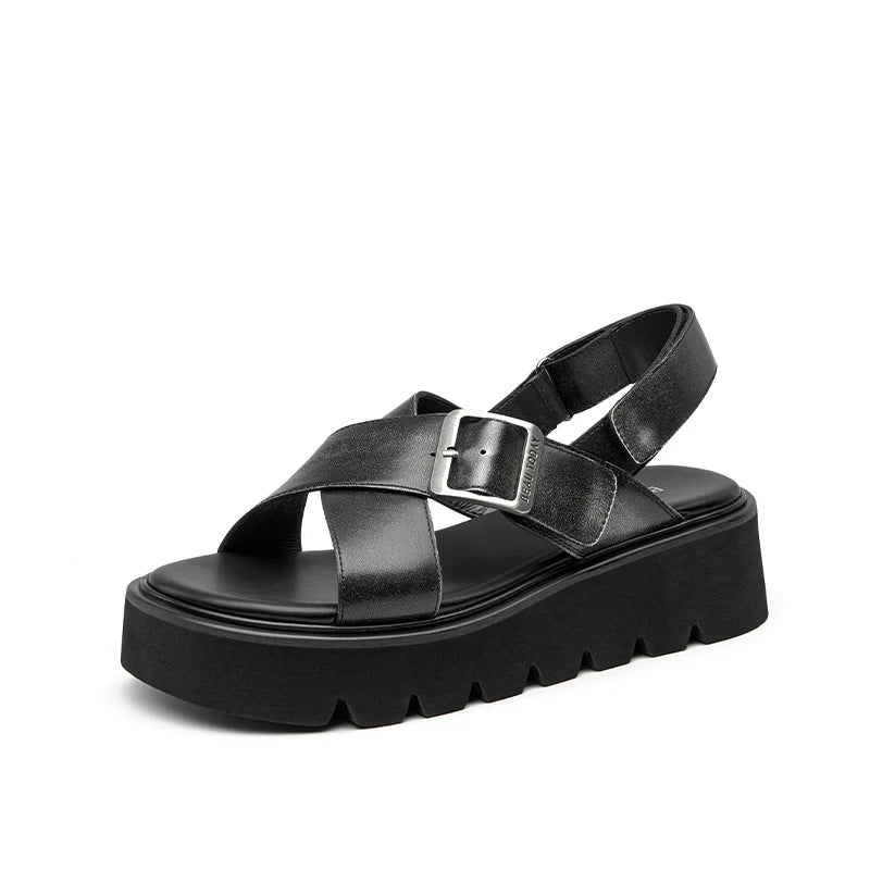 BEAUTODAY Platform Sandals Women Polished Cow Leather Open Toe Cross-tied Solid Metal Strap Summer Ladies Shoes Handmade 38250
