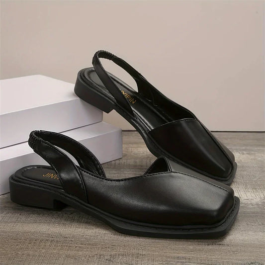 Leather Toe Cap Sandals for Women 2024 New Flat Bottomed Square Toe Single Shoes, Retro Exterior Wear, Anti Slip Beach Slippers