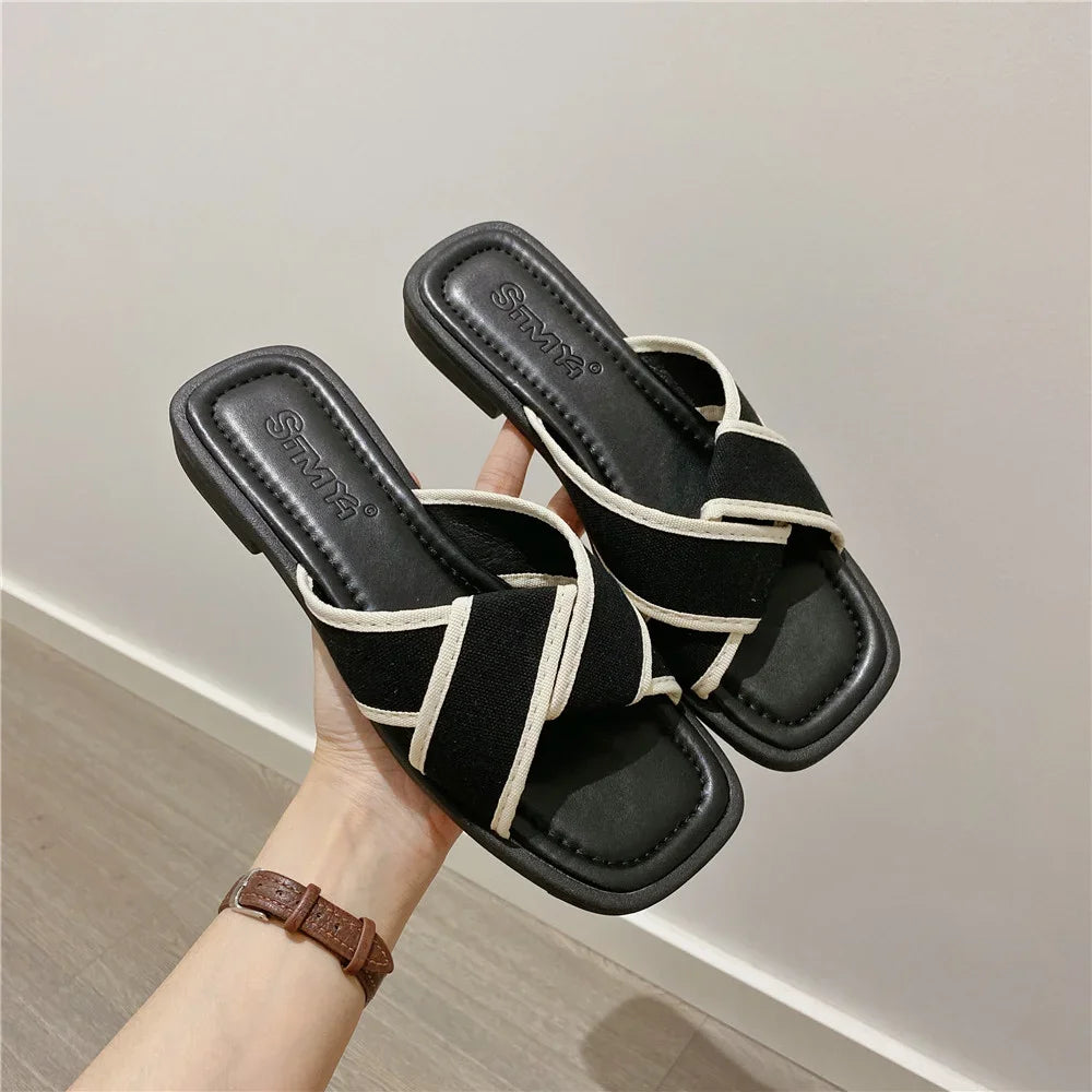 Women's Slippers and Ladies Sandals Open Toe Low Heel Outside on Beach House Black Indoor Home Slides Shoes Off White Word Flat