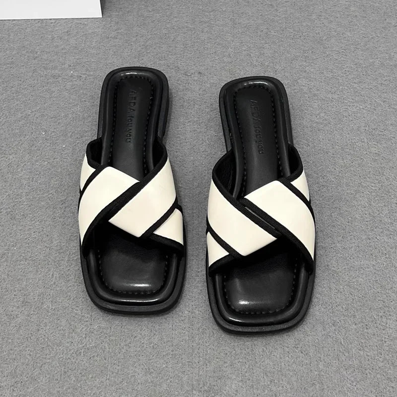 Women's Slippers and Ladies Sandals Open Toe Low Heel Outside on Beach House Black Indoor Home Slides Shoes Off White Word Flat