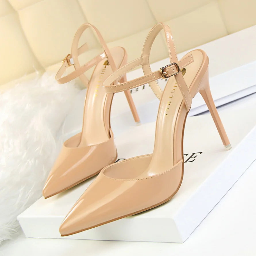 86-1 Style Simple Slim Ultra High Heel Shallow Painted Leather Sexy Nightclub Slimming One-word Strap Women Cool Shoes
