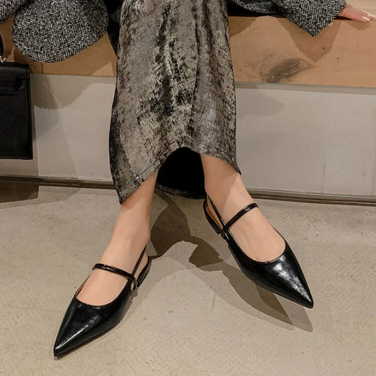 New Women Baotou Patent Leather One Line Buckle Strap Cat Heel Sandals Female Sexy Black Silk Pointed Thin Heel Flat Shoes