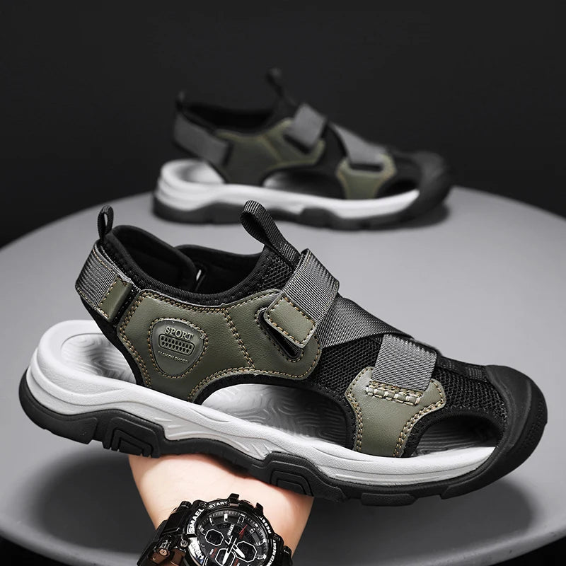 Sandals for Men's Summer New Cowhide Casual Beach Shoes, Genuine Leather for Men's Anti Slip Middle-aged Sandals and Slippers
