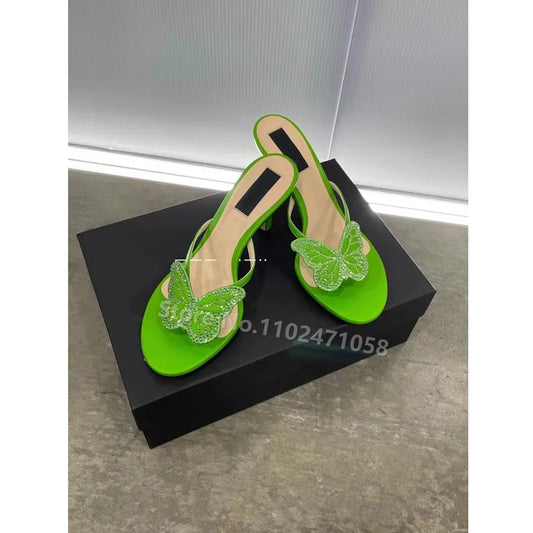 Butterfly Rhinestone Peep Toe Thin Heels Flipflops Women Summer Luxury Brand High Heels Sandals Ladies Casual Outside Slippers