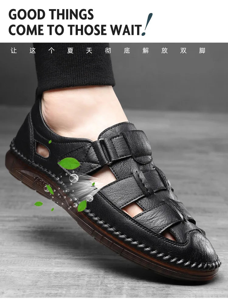 Leather Sandals Baotou 2025 Summer New Genuine Leather Breathable Hollow Porous Shoes Men's Tendon Soft Bottom Middle-Aged Dad S