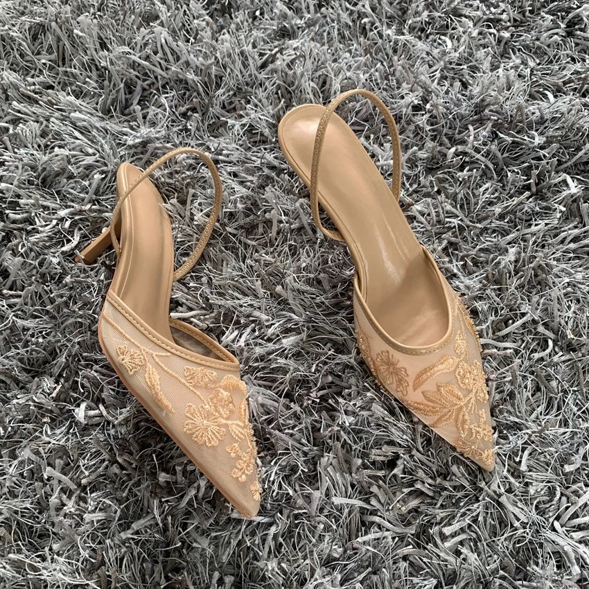 Luxury Brand High Heels Women Sandals Mesh Embroider Elegant Pointed Evening Party Wedding Bridal Dress Shoes