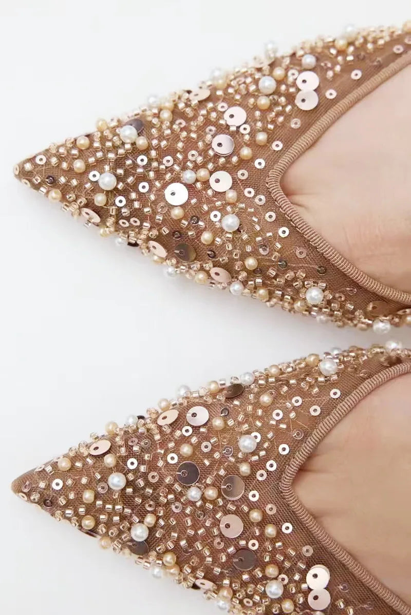 Luxury Designer Bling String Bead Mesh High Heels Women Sexy Pointy Toe Breathable Heeled Sandals Elegant Slingbacks Women Pumps