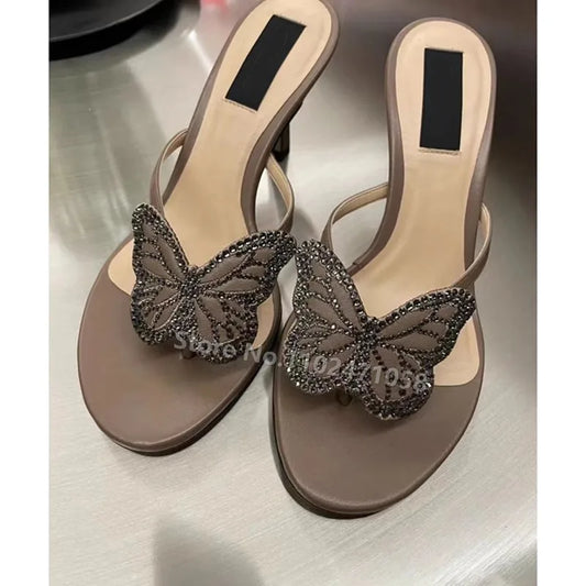 Butterfly Rhinestone Peep Toe Thin Heels Flipflops Women Summer Luxury Brand High Heels Sandals Ladies Casual Outside Slippers