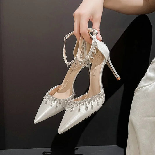 Comemore 2025 White Wedding Bridesmaid Shoes Satin Fashion Rhinestone Fringe Chain High Heels Black Temperament Elegance Pumps