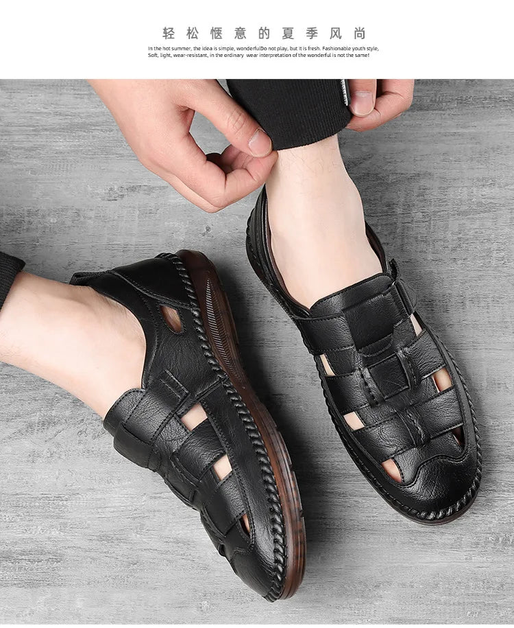 Leather Sandals Baotou 2025 Summer New Genuine Leather Breathable Hollow Porous Shoes Men's Tendon Soft Bottom Middle-Aged Dad S
