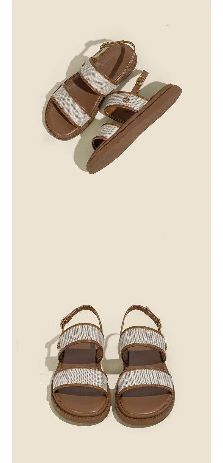 Low Sandals Woman Leather Low-heeled Rome Fabric Slides Rubber Hoof Heels Low Sandals Woman Leather Low-heeled Fabric Rubber Sli