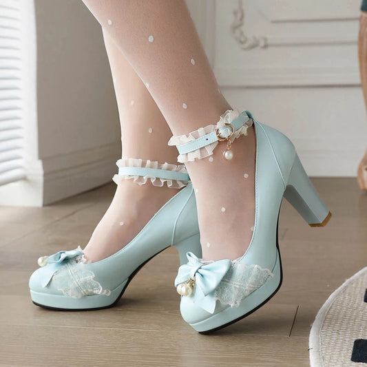 Summer Ladies Platform High Heels Cute Bow Lace Princess Mary Jane Lolita Shoes Blue Purple Party Dress Pumps Big size 33 43