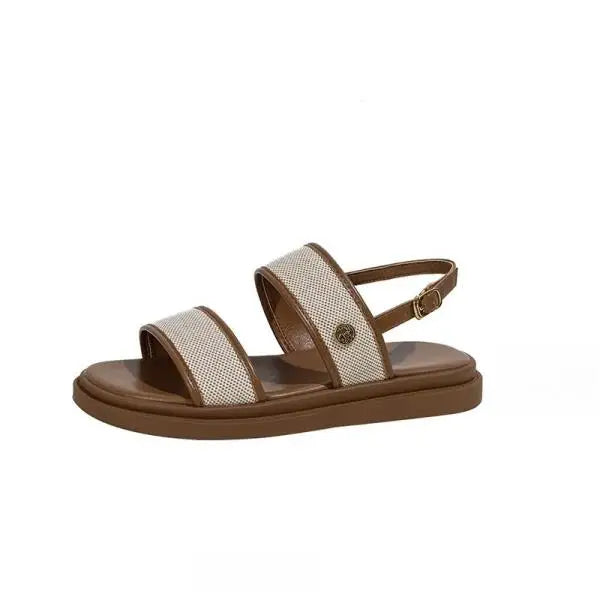 Low Sandals Woman Leather Low-heeled Rome Fabric Slides Rubber Hoof Heels Low Sandals Woman Leather Low-heeled Fabric Rubber Sli