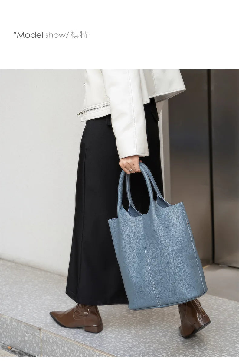 Genuine Leather Commuter Tote Bag Simple Ladies Soft Cowhide Tote Shoulder Handbag Large Capacity Women Bucket Bag 2025 New