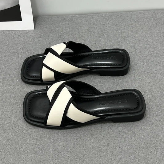 Women's Slippers and Ladies Sandals Open Toe Low Heel Outside on Beach House Black Indoor Home Slides Shoes Off White Word Flat
