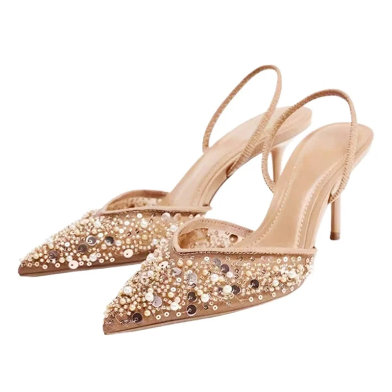 Luxury Designer Bling String Bead Mesh High Heels Women Sexy Pointy Toe Breathable Heeled Sandals Elegant Slingbacks Women Pumps