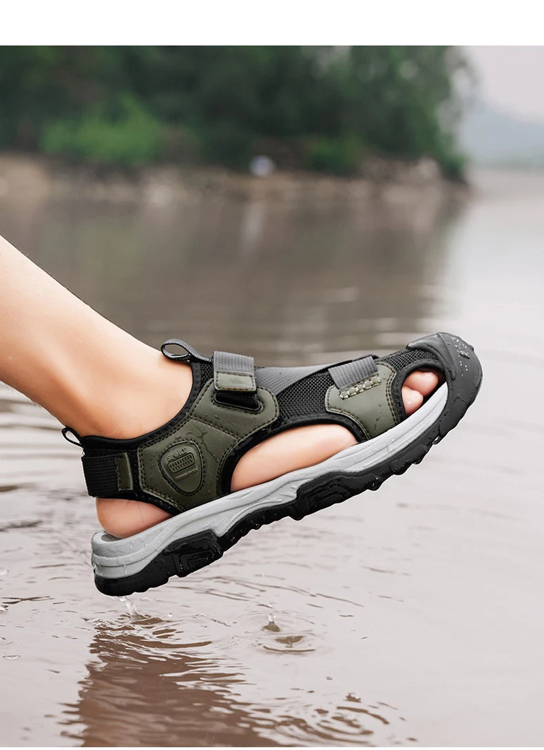 Sandals for Men's Summer New Cowhide Casual Beach Shoes, Genuine Leather for Men's Anti Slip Middle-aged Sandals and Slippers