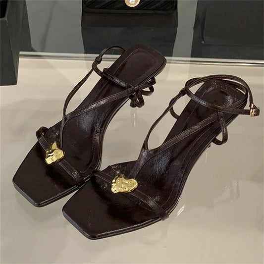 Summer Fashion Metal Buckle Narrow Band Sandals Women Band Open Toe Thin Low Heel Gladiator Party Shoes Zapatos De Mujer