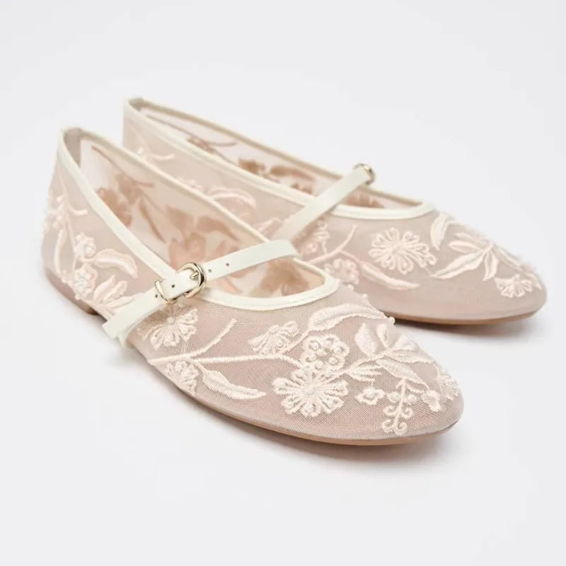 Mesh Embroidery String Bead Brand Women Ballet Flats Fashion Buckle Breathable Mary Jane Shoe Comfort Low Heel Soft Flat Sandals