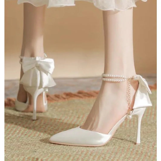 New Women Thin Heel Hollow Sandals Woman Pearl Butterfly Pointed Toe High Heels Pumps Womens Drees Shoes Wedding Shoes