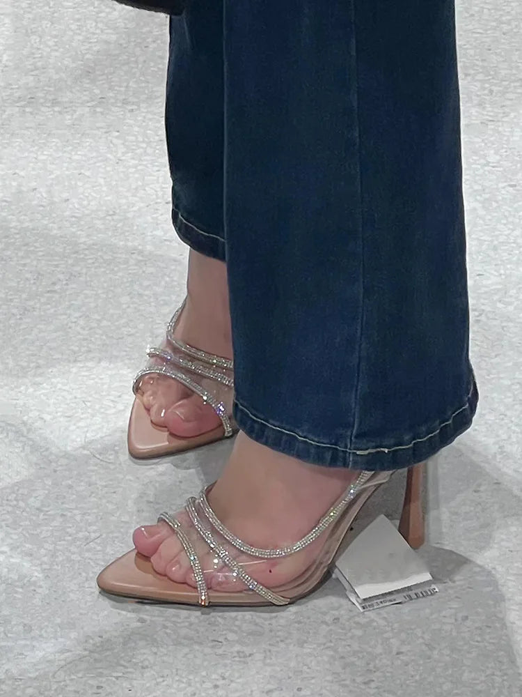 Thin Heel High Heels Women's 2024 Summer New Fairy Style Sexy Shallow Mouth Back Hollow Pointed Water Diamond Open Toe Sandals