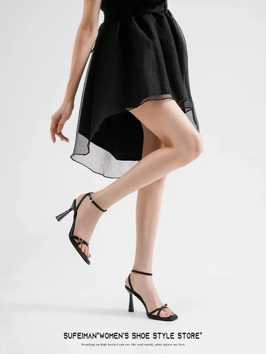 2025 designer women's new fashion letter high heels black super high heels stilettos lace-up sandals for women
