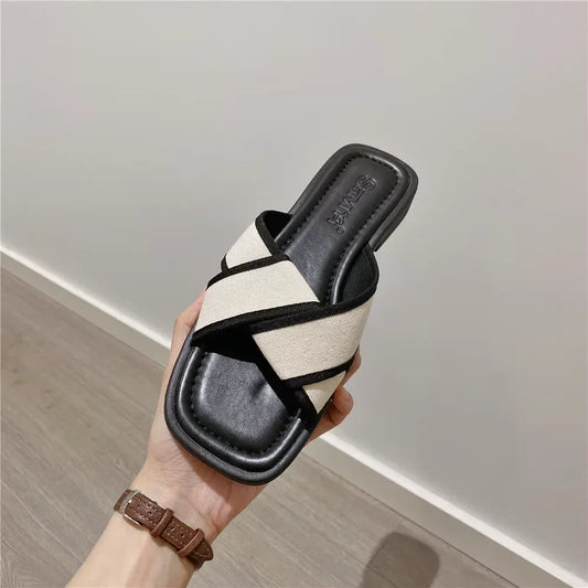 Women's Slippers and Ladies Sandals Open Toe Low Heel Outside on Beach House Black Indoor Home Slides Shoes Off White Word Flat