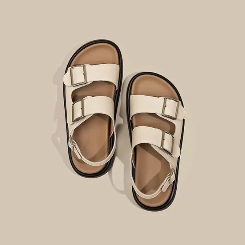 Low Sandals Woman Leather Low-heeled Rome Fabric Slides Rubber Hoof Heels Low Sandals Woman Leather Low-heeled Fabric Rubber Sli