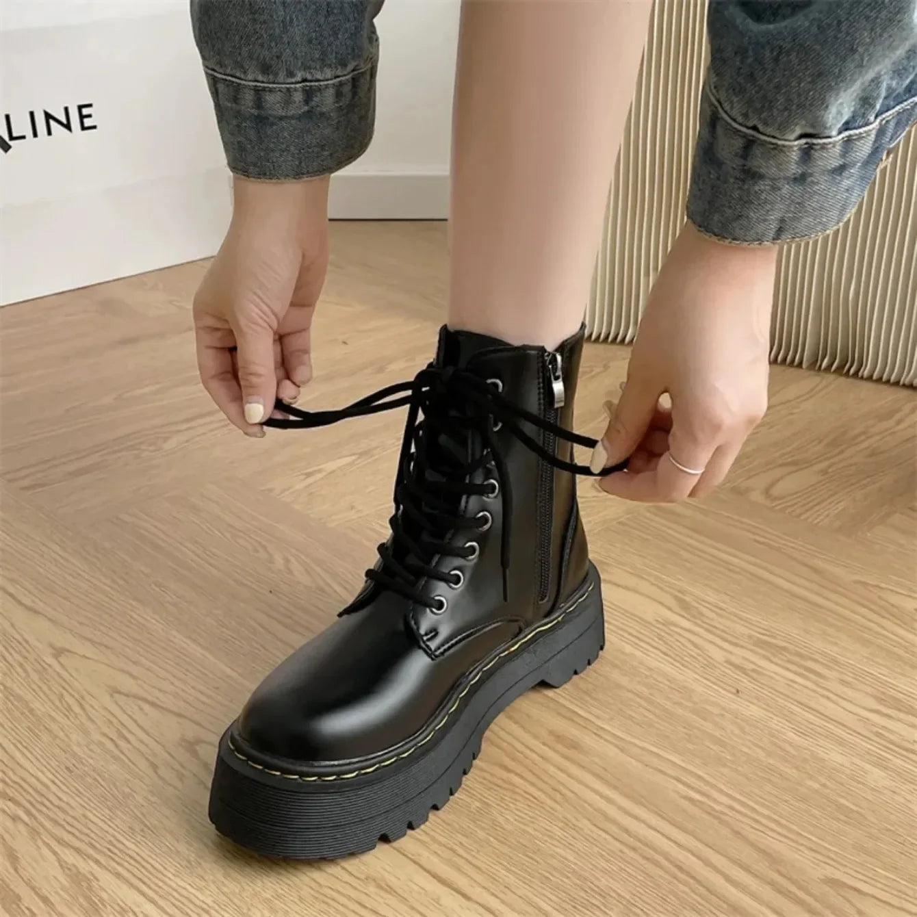 Women Boots Motorcycle Shoes Woman Leather Chelsea Ladie Classic Punk Female Goth Shoes High Platform Boots Women Botas Mujer