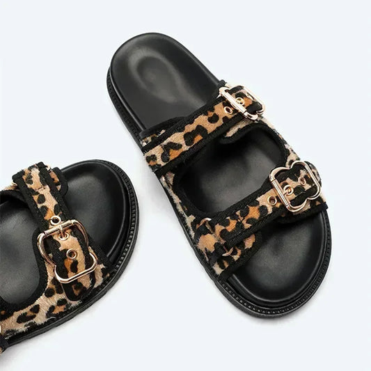 High Quality Leopard Metal Buckle Design Women Slippers Sexy Comfort Non Slip Slide Sandals Summer Size 43 Platform Flip Flops