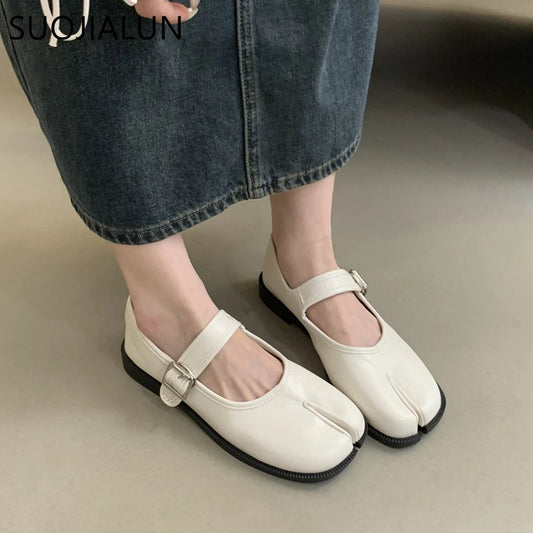 SUOJIALUN Autumn Women Flat Shoes Fashion Split Toe Flat Heel Laofer Shoes Shallow Soft Leather Casual Outdoor Mary Jane Shoes
