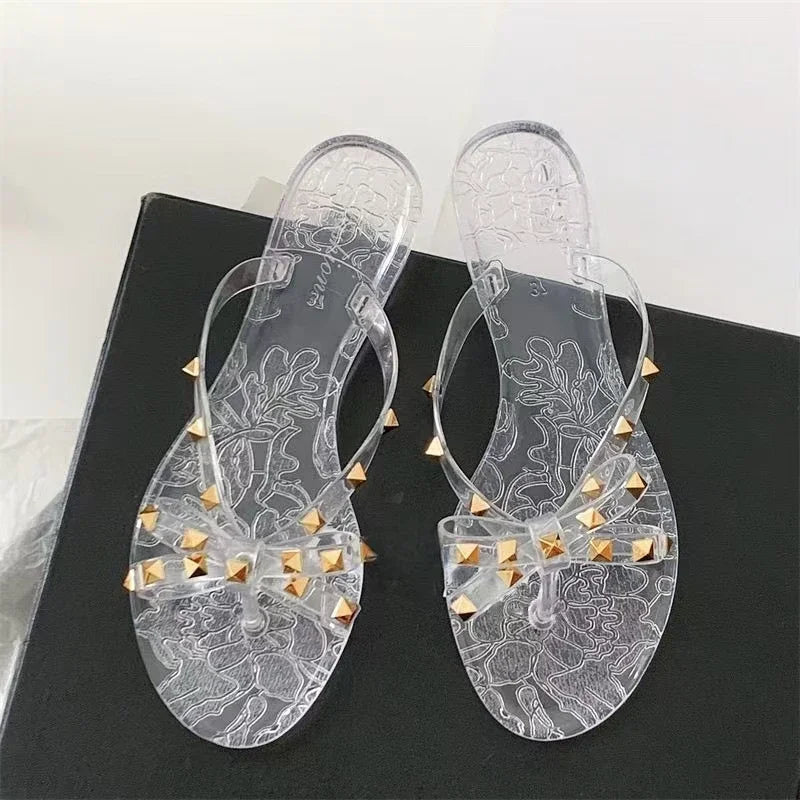 2025 Summer Women Slippers Bow Flip Flops Rivet Flats Sandals Outdoor Transparent Crystal Beach Shoes Female Open Toe Shoes