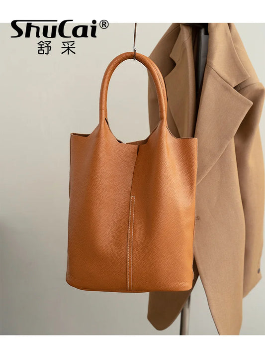 Genuine Leather Commuter Tote Bag Simple Ladies Soft Cowhide Tote Shoulder Handbag Large Capacity Women Bucket Bag 2025 New