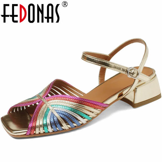 FEDONAS Summer Mixed Colors Women Sandals Ankle Strap Elegant Shoes Woman Genuine Leather Thick Heels Fashion Party Office Lady