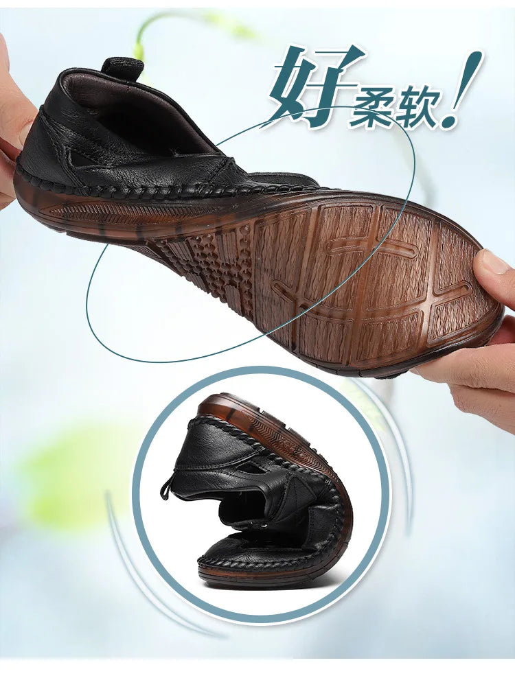 Leather Sandals Baotou 2025 Summer New Genuine Leather Breathable Hollow Porous Shoes Men's Tendon Soft Bottom Middle-Aged Dad S