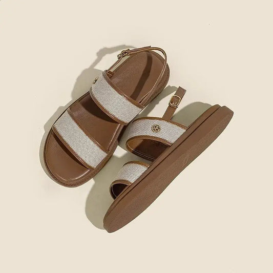 Low Sandals Woman Leather Low-heeled Rome Fabric Slides Rubber Hoof Heels Low Sandals Woman Leather Low-heeled Fabric Rubber Sli