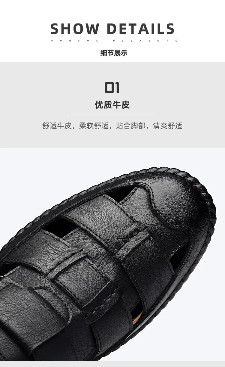 Leather Sandals Baotou 2025 Summer New Genuine Leather Breathable Hollow Porous Shoes Men's Tendon Soft Bottom Middle-Aged Dad S
