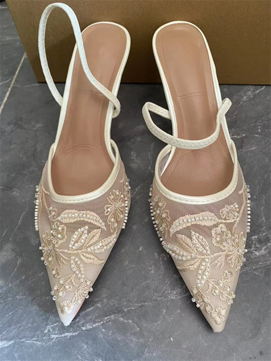 Women's Mesh Floral Embroidered Slingback High Heels Female Open Heel Pearl Studded Pointed Toe Sandals Sexy Stiletto Lady Mules