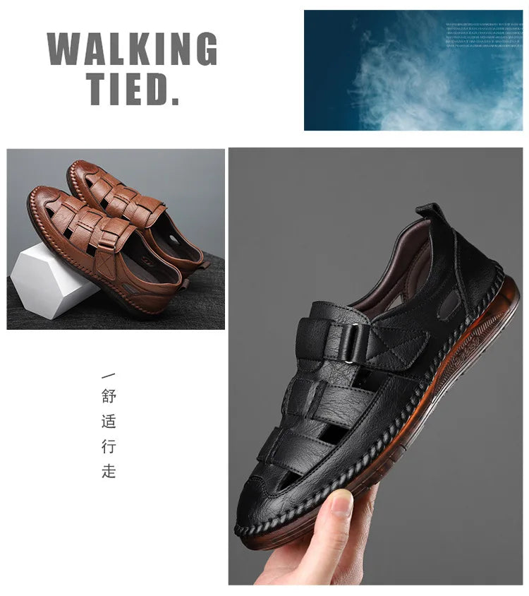 Leather Sandals Baotou 2025 Summer New Genuine Leather Breathable Hollow Porous Shoes Men's Tendon Soft Bottom Middle-Aged Dad S