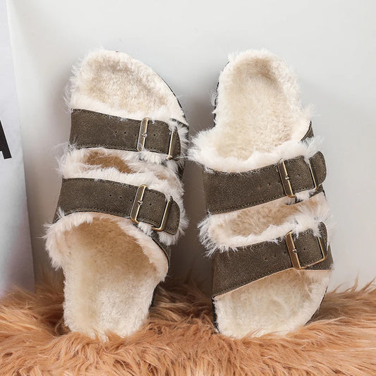 Men Women Plush Fur Slippers with Double Buckle Cork Sandals Winter Supper Warm Home Shoes Barefoot Comfort Footbed Sales