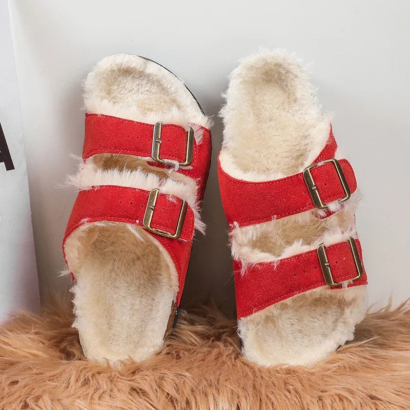 Men Women Plush Fur Slippers with Double Buckle Cork Sandals Winter Supper Warm Home Shoes Barefoot Comfort Footbed Sales