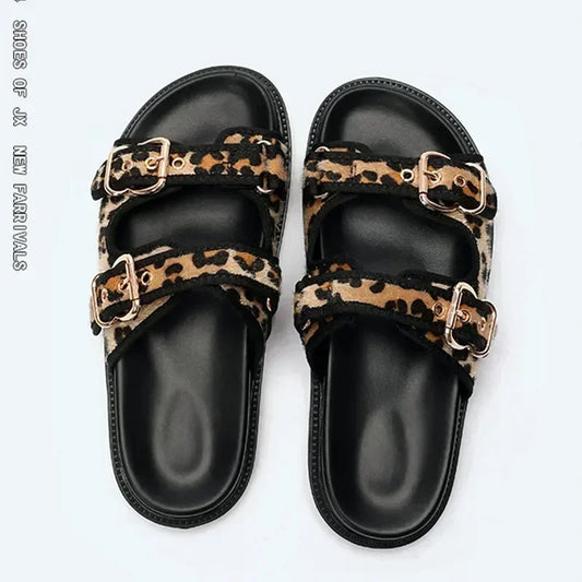 High Quality Leopard Metal Buckle Design Women Slippers Sexy Comfort Non Slip Slide Sandals Summer Size 43 Platform Flip Flops