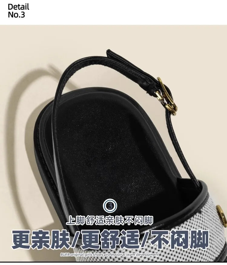 Low Sandals Woman Leather Low-heeled Rome Fabric Slides Rubber Hoof Heels Low Sandals Woman Leather Low-heeled Fabric Rubber Sli