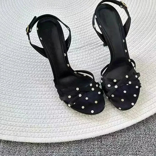 2025 new Polka dot black and white with a group of high heels with sandals women's high heels go out light sexy women's shoes