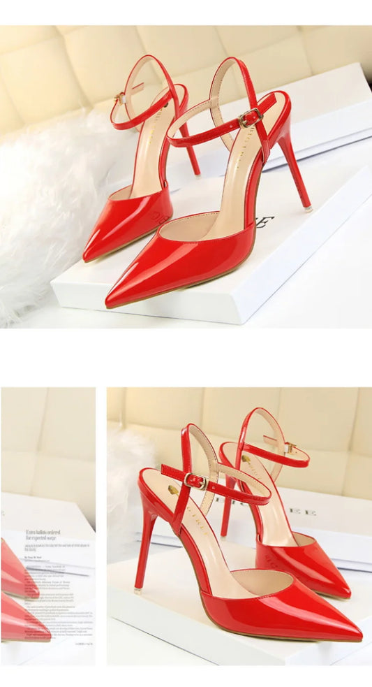 86-1 Style Simple Slim Ultra High Heel Shallow Painted Leather Sexy Nightclub Slimming One-word Strap Women Cool Shoes